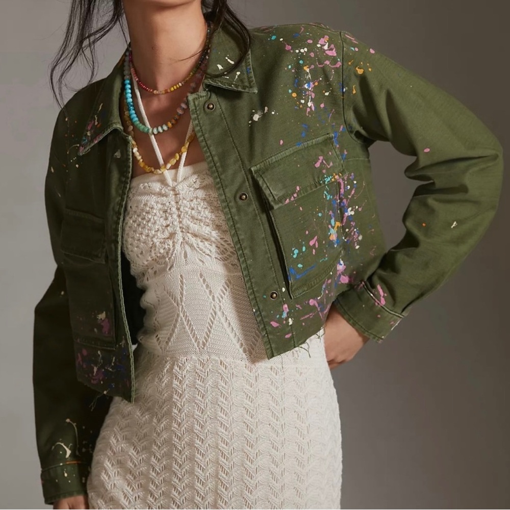 Cropped Anthropologie paint splatter utility jacket